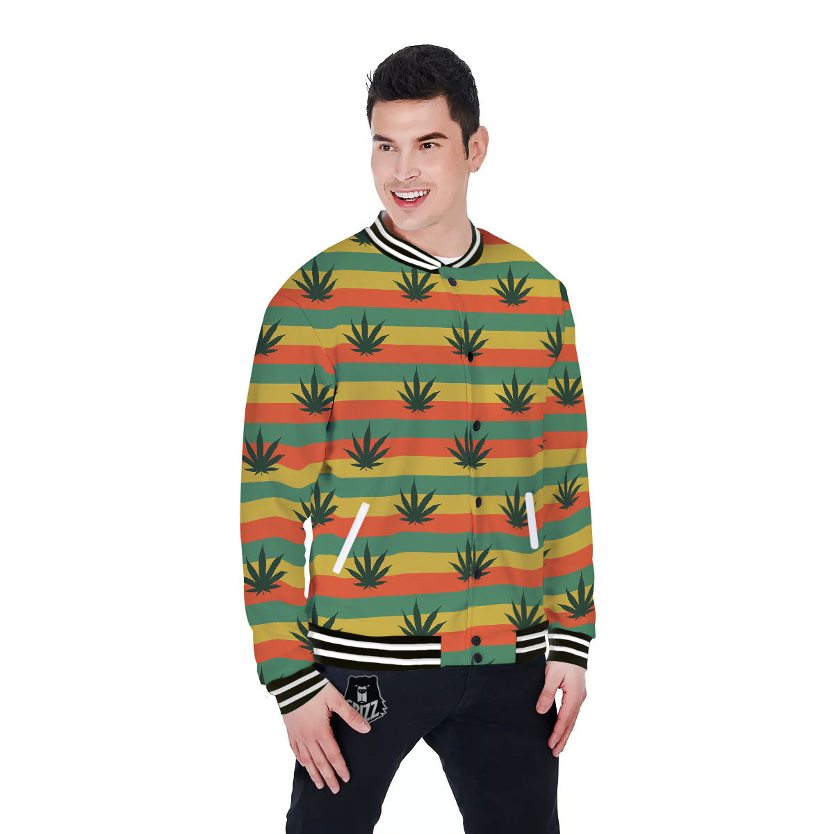 Striped Rasta Print Pattern Baseball Jacket-grizzshop