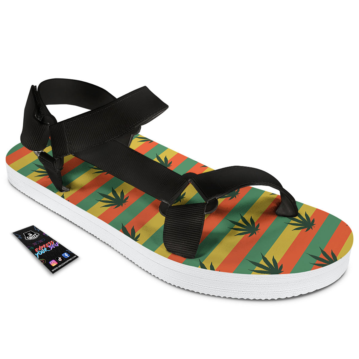 Striped Rasta Print Pattern Black Open Toe Sandals-grizzshop