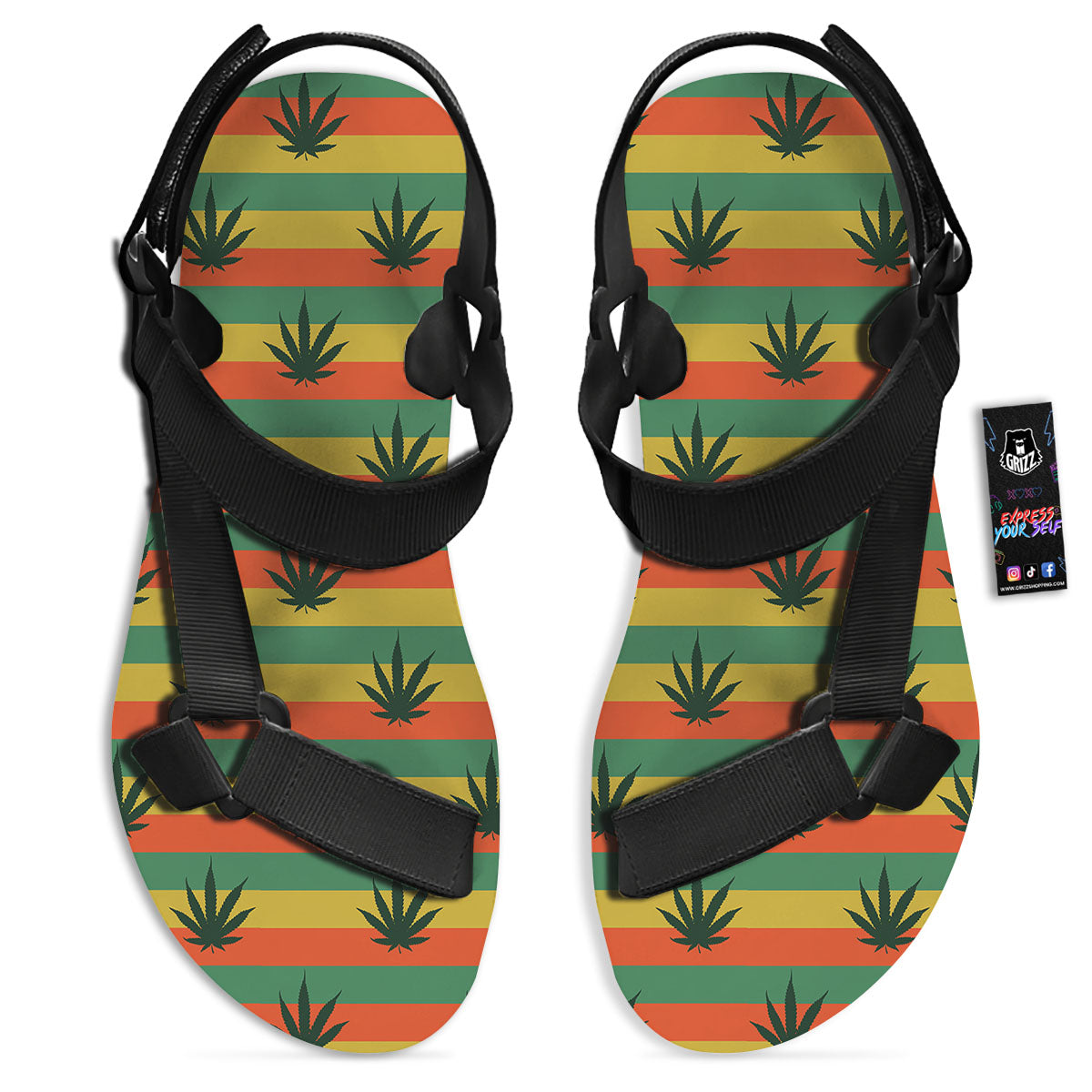 Striped Rasta Print Pattern Black Open Toe Sandals-grizzshop