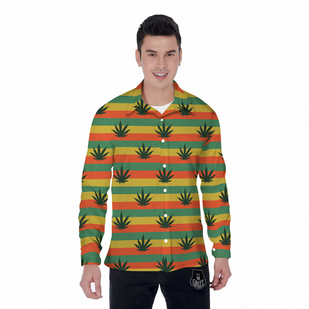 Striped Rasta Print Pattern Men's Long Sleeve Shirts-grizzshop