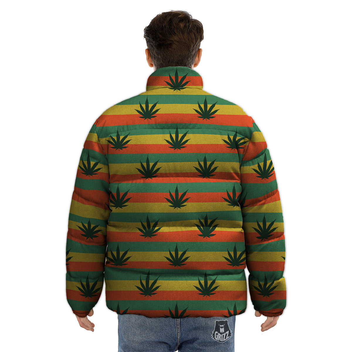 Striped Rasta Print Pattern Puffer Jacket-grizzshop