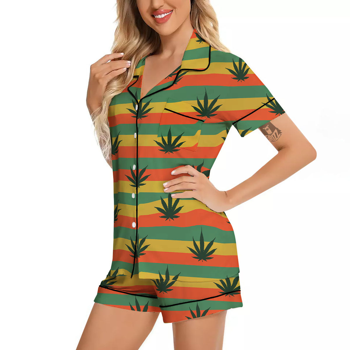Striped Rasta Print Pattern Women Silk Pajamas-grizzshop