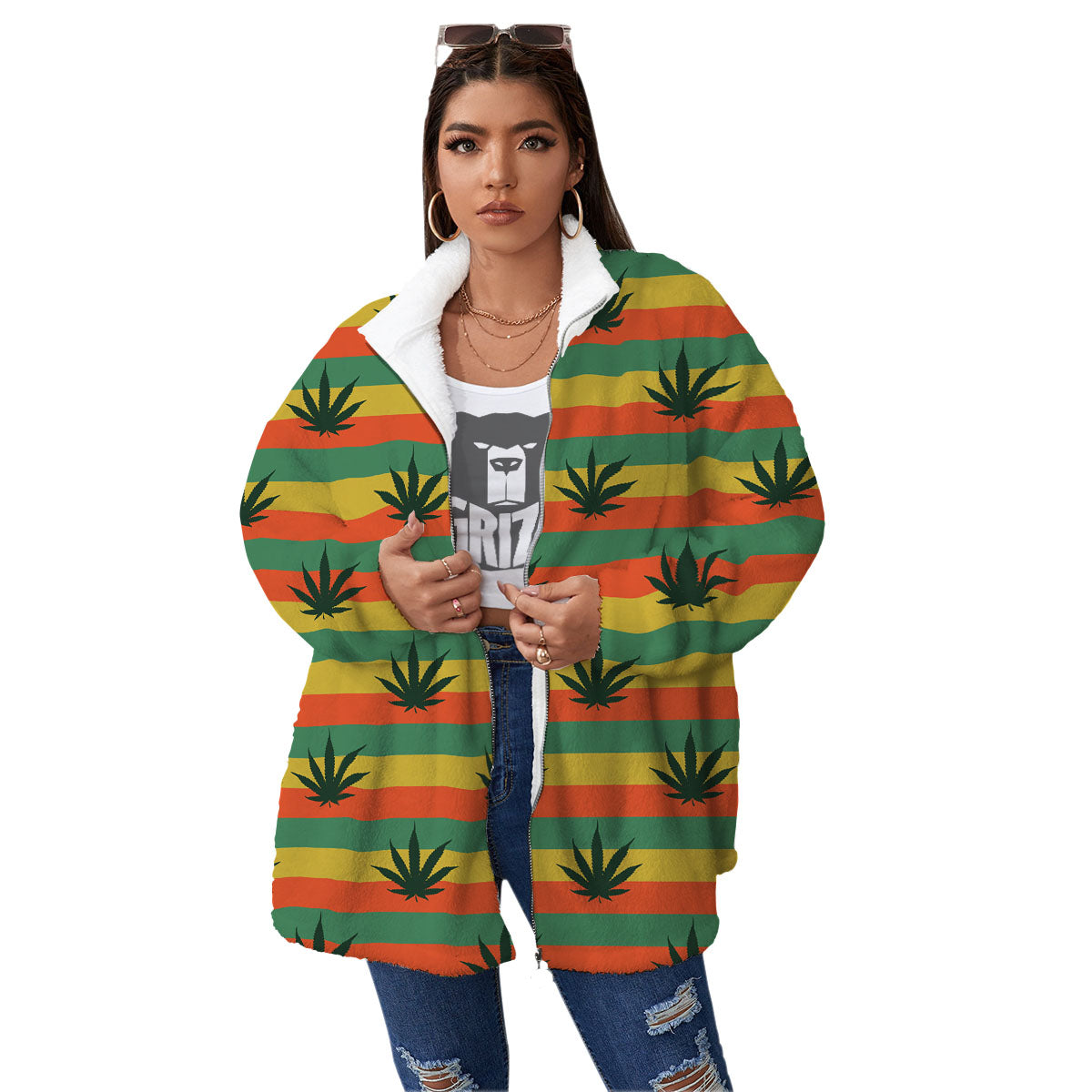 Striped Rasta Print Pattern Women's Sherpa Jacket-grizzshop