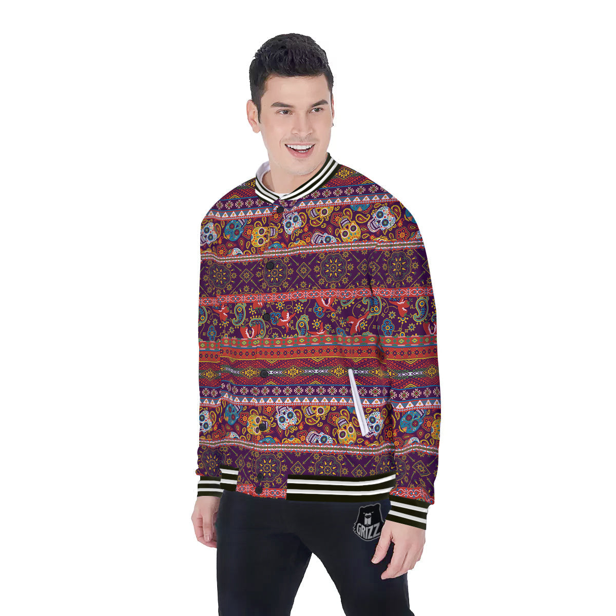 Striped Skull Mexican Style Print Pattern Baseball Jacket-grizzshop