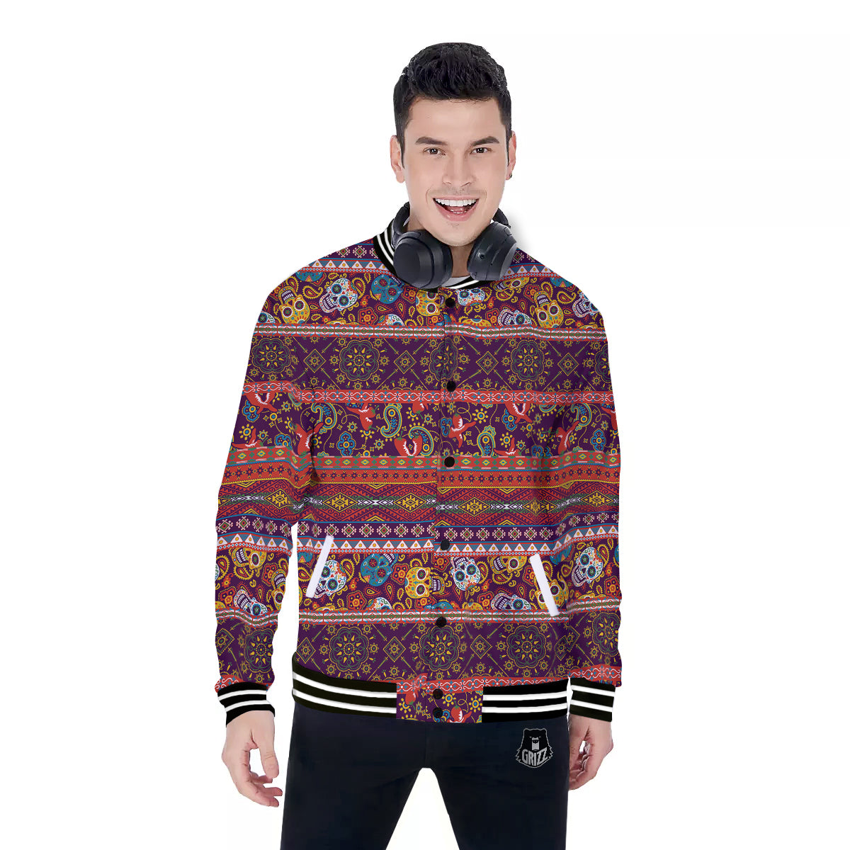 Striped Skull Mexican Style Print Pattern Baseball Jacket-grizzshop