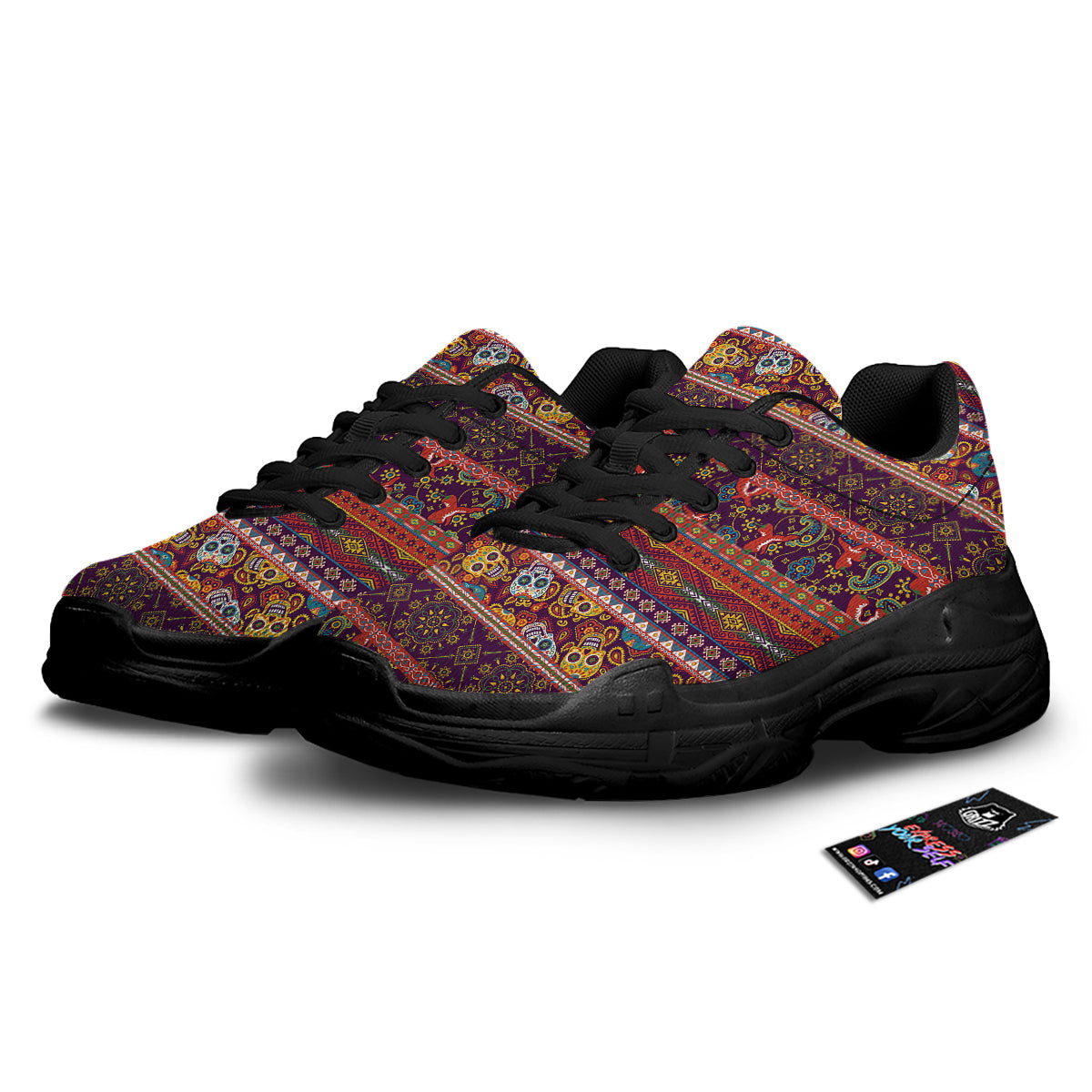 Striped Skull Mexican Style Print Pattern Black Chunky Shoes-grizzshop