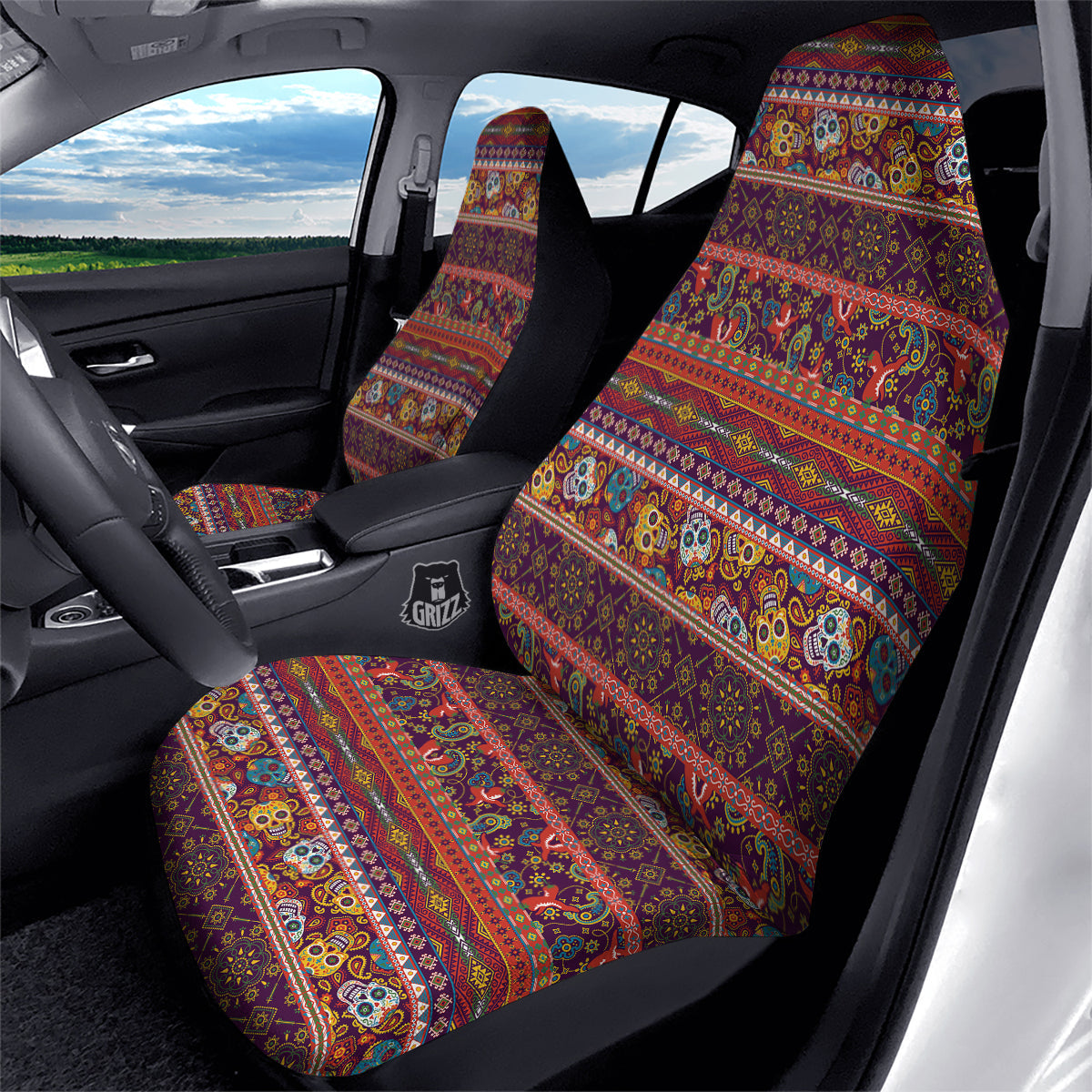 Striped Skull Mexican Style Print Pattern Car Seat Covers-grizzshop