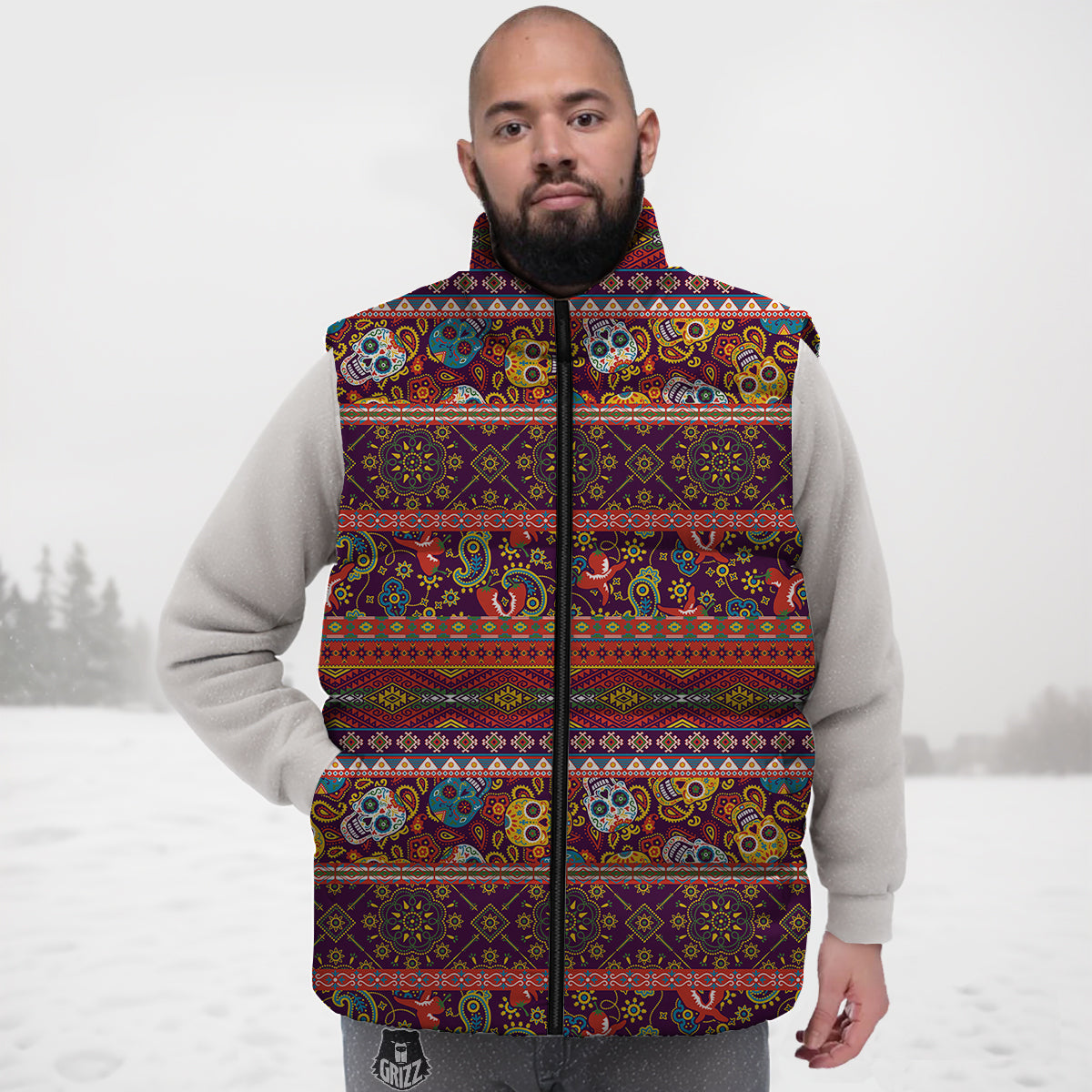 Striped Skull Mexican Style Print Pattern Down Vest