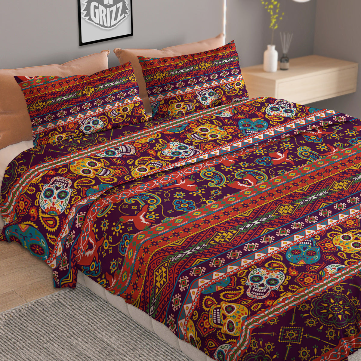 Striped Skull Mexican Style Print Pattern Duvet Cover Bedding Set