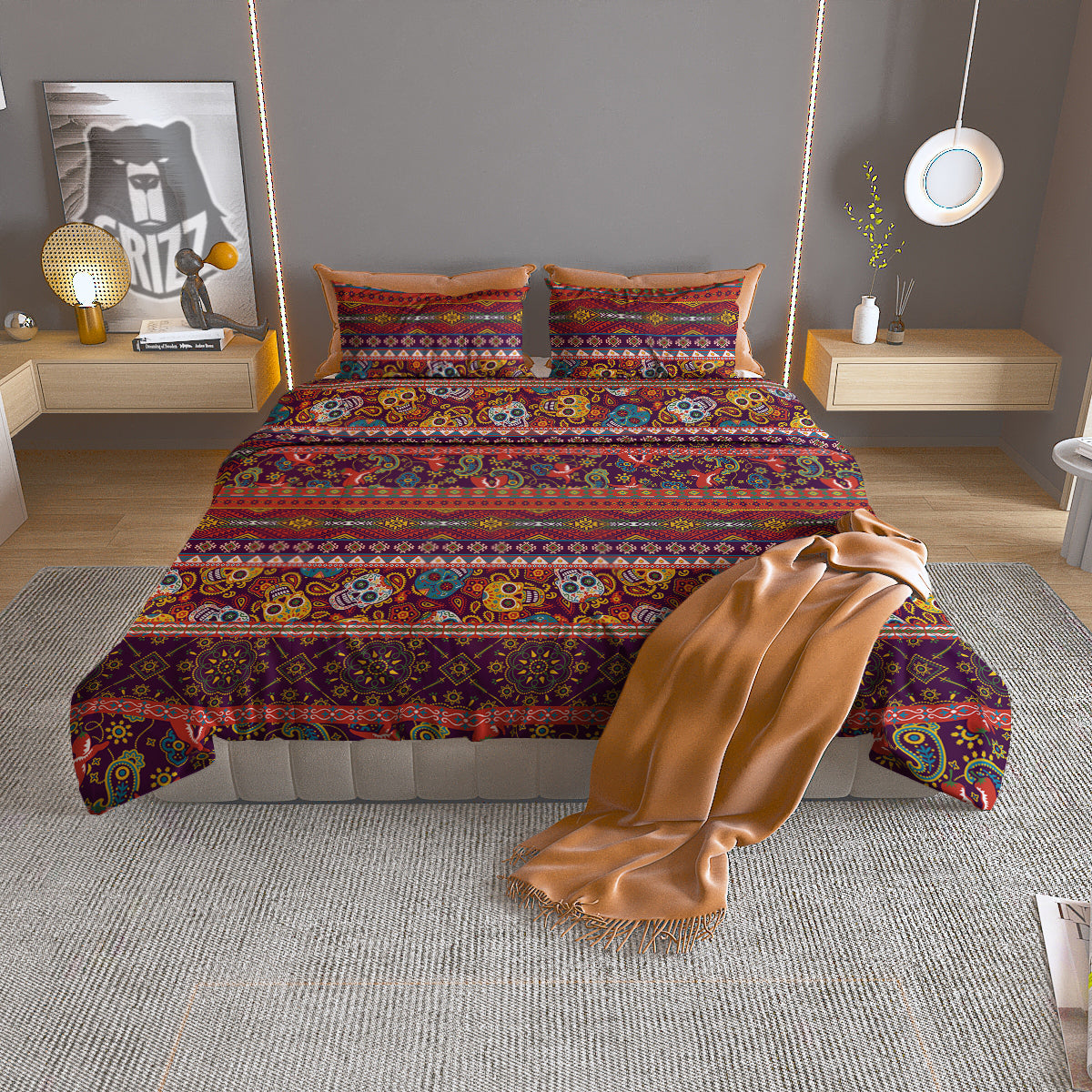 Striped Skull Mexican Style Print Pattern Duvet Cover Bedding Set