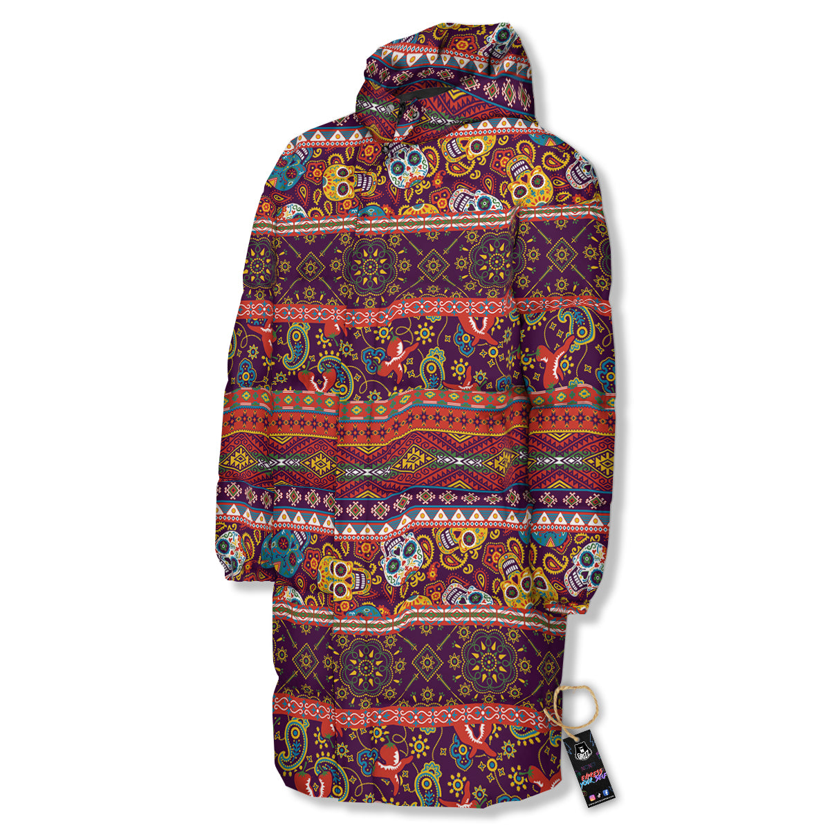 Striped Skull Mexican Style Print Pattern Long Down Jacket-grizzshop