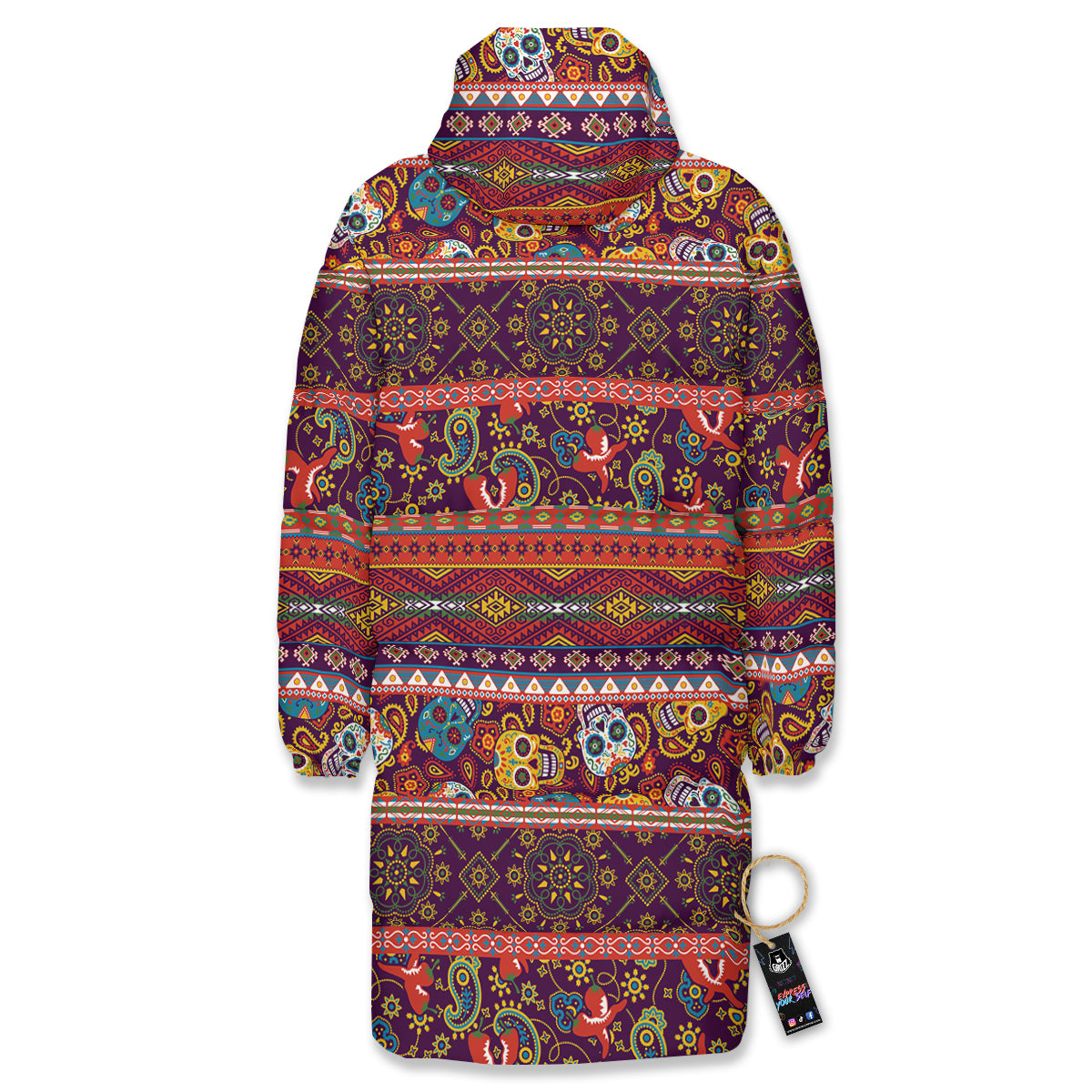 Striped Skull Mexican Style Print Pattern Long Down Jacket-grizzshop