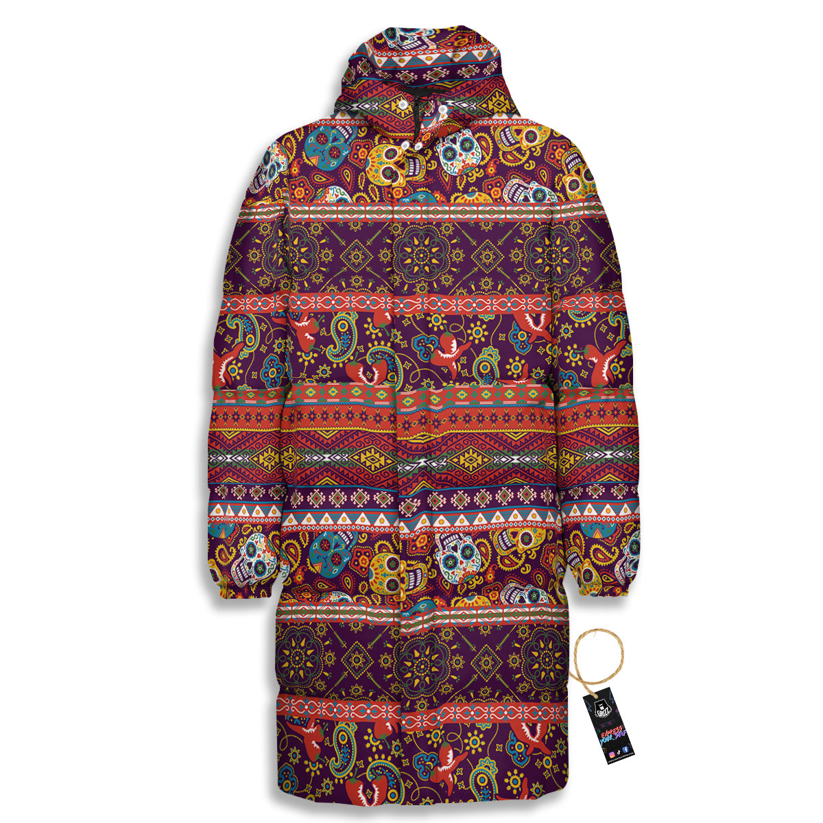 Striped Skull Mexican Style Print Pattern Long Down Jacket-grizzshop