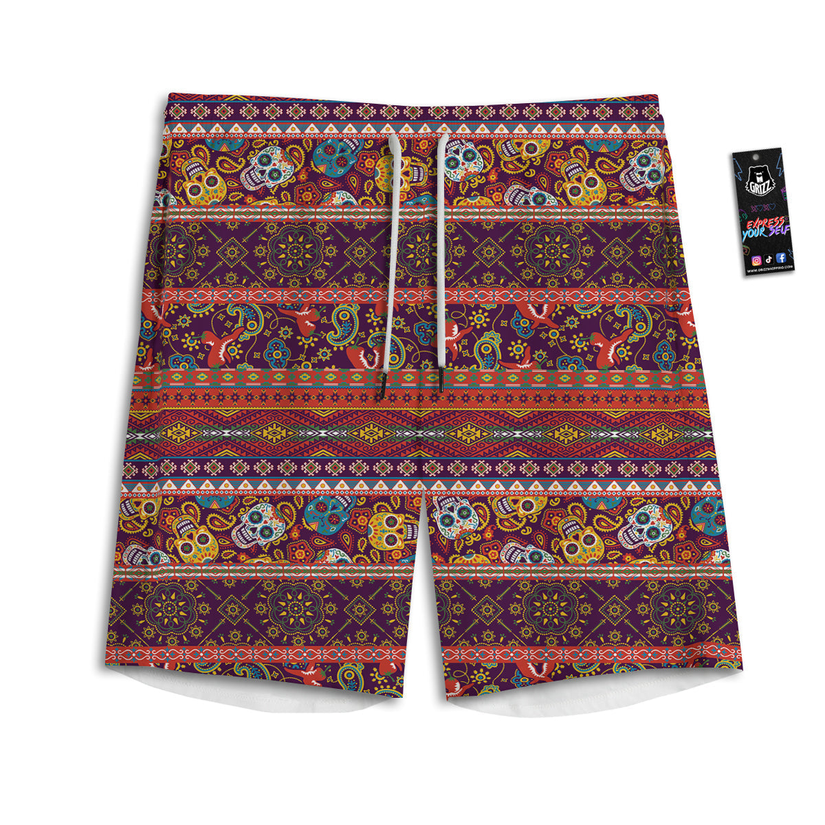 Striped Skull Mexican Style Print Pattern Men's Athletic Shorts