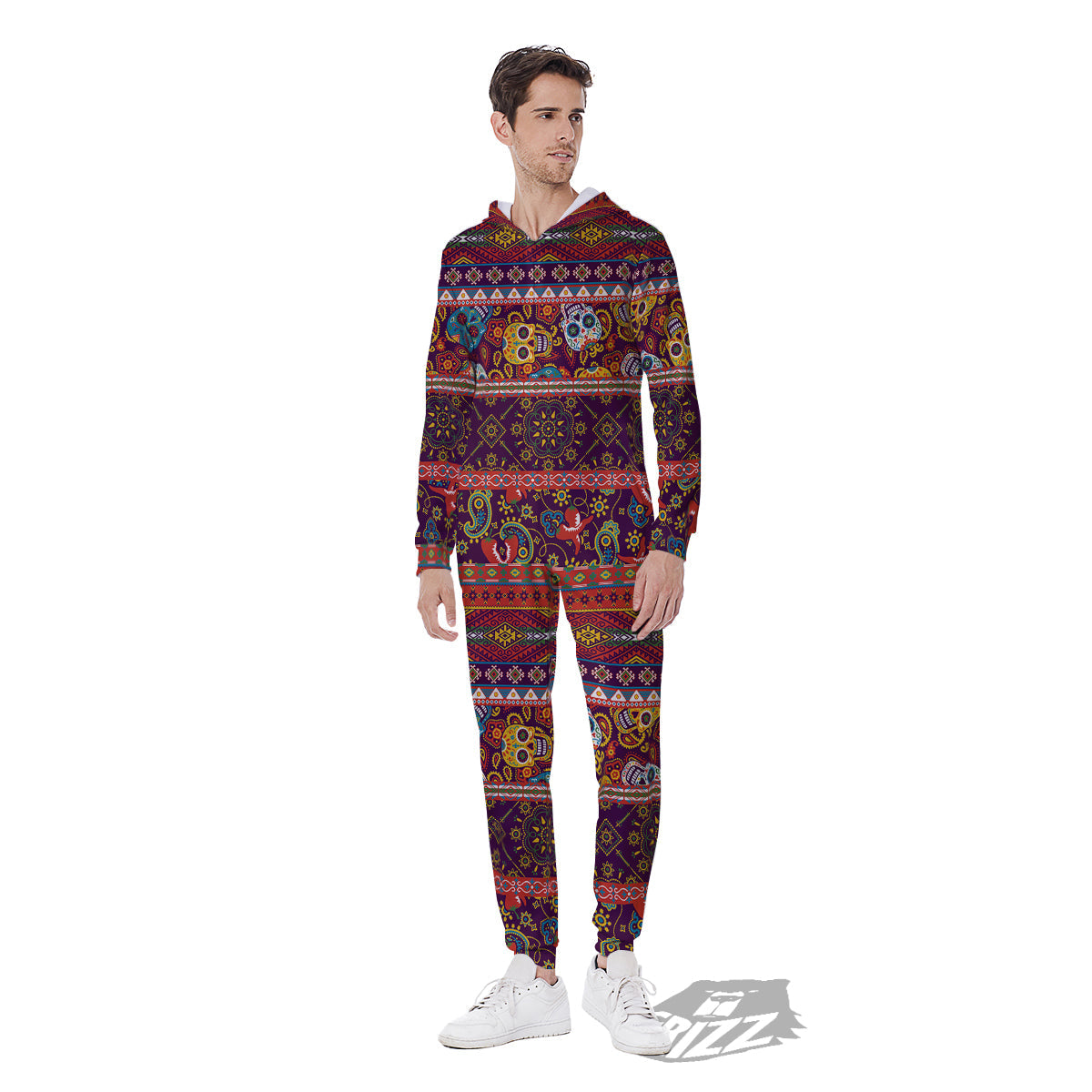 Striped Skull Mexican Style Print Pattern Men's Jumpsuit-grizzshop