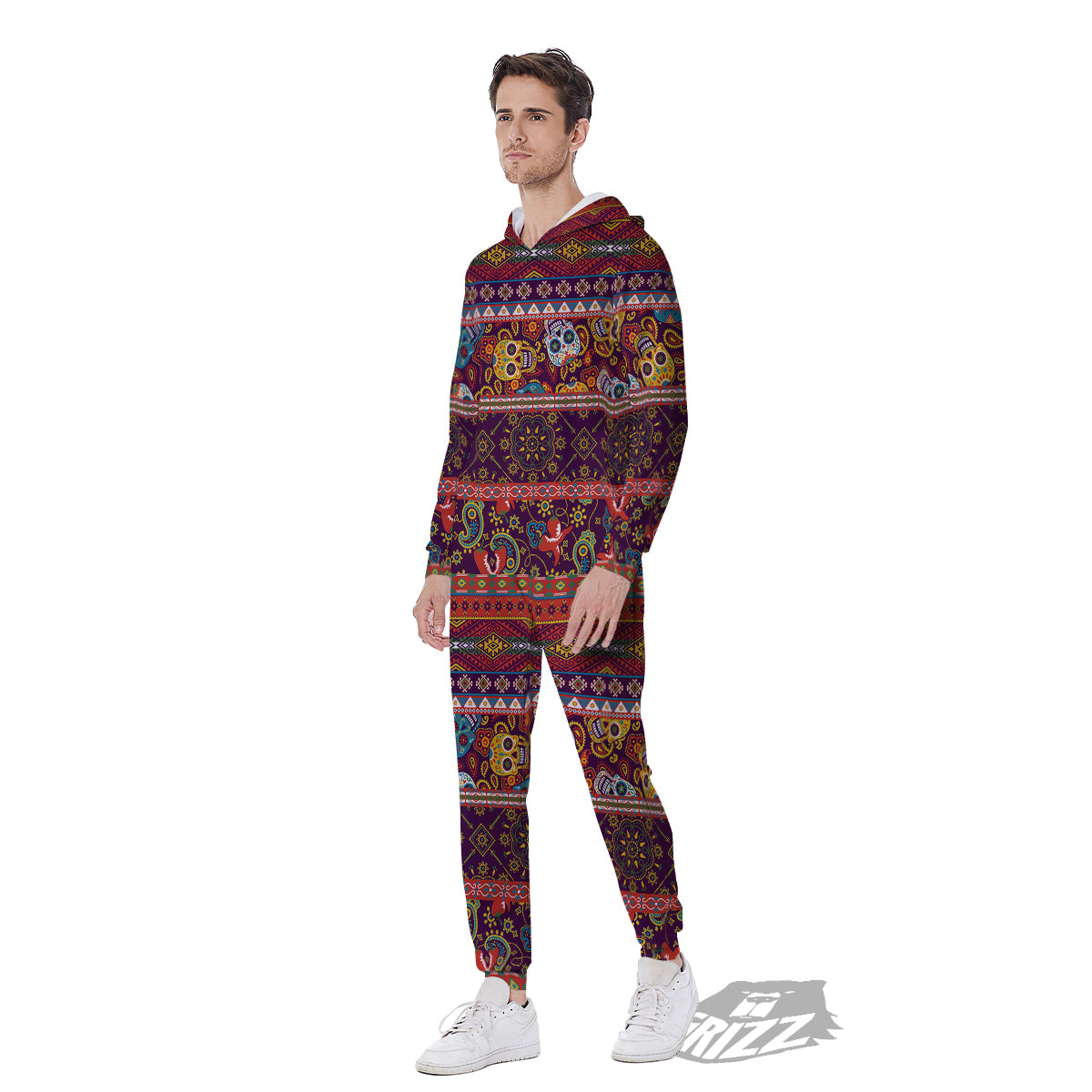 Striped Skull Mexican Style Print Pattern Men's Jumpsuit-grizzshop