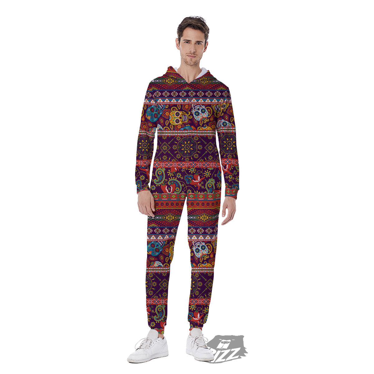 Striped Skull Mexican Style Print Pattern Men's Jumpsuit-grizzshop