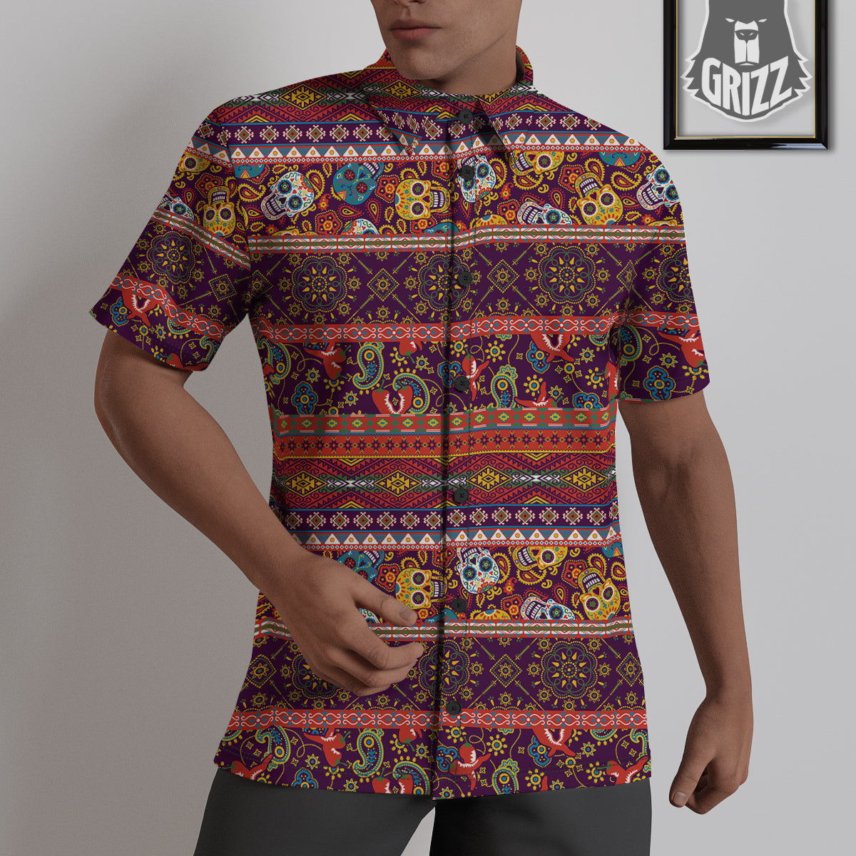 Striped Skull Mexican Style Print Pattern Untucked Shirts-grizzshop