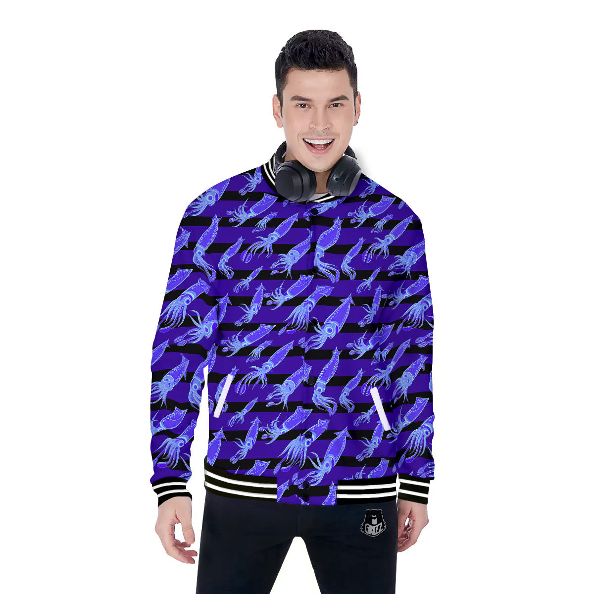 Striped Squid Print Pattern Baseball Jacket-grizzshop