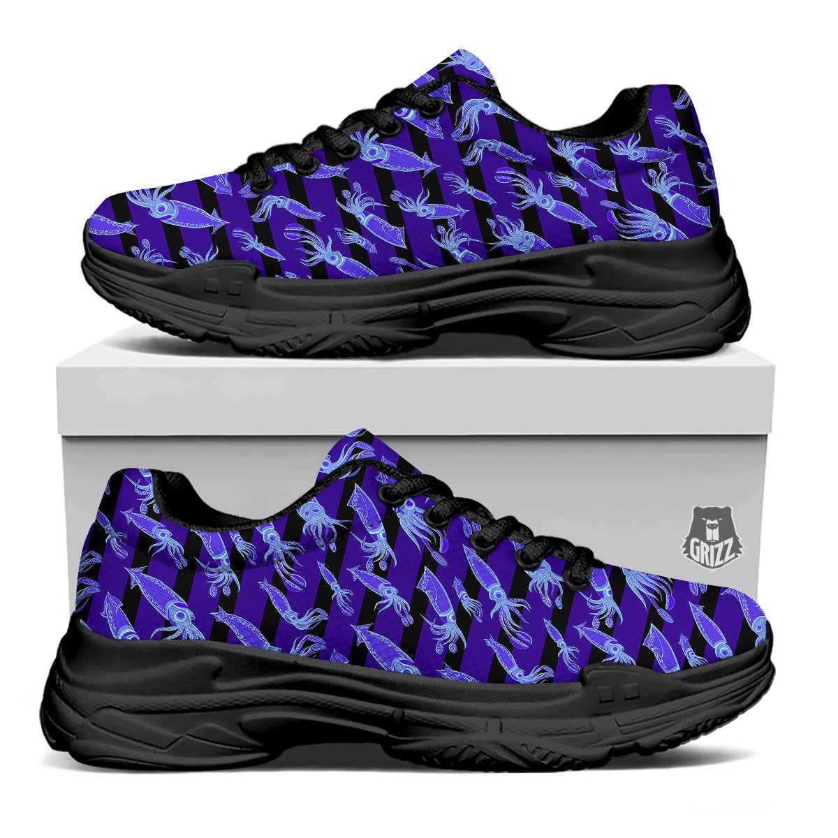 Striped Squid Print Pattern Black Chunky Shoes-grizzshop