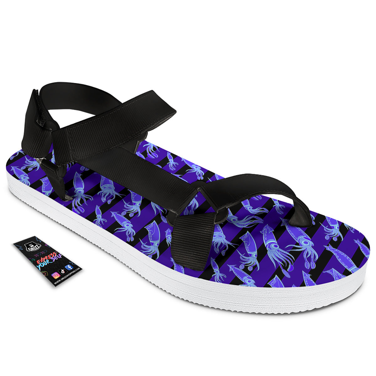 Striped Squid Print Pattern Black Open Toe Sandals-grizzshop