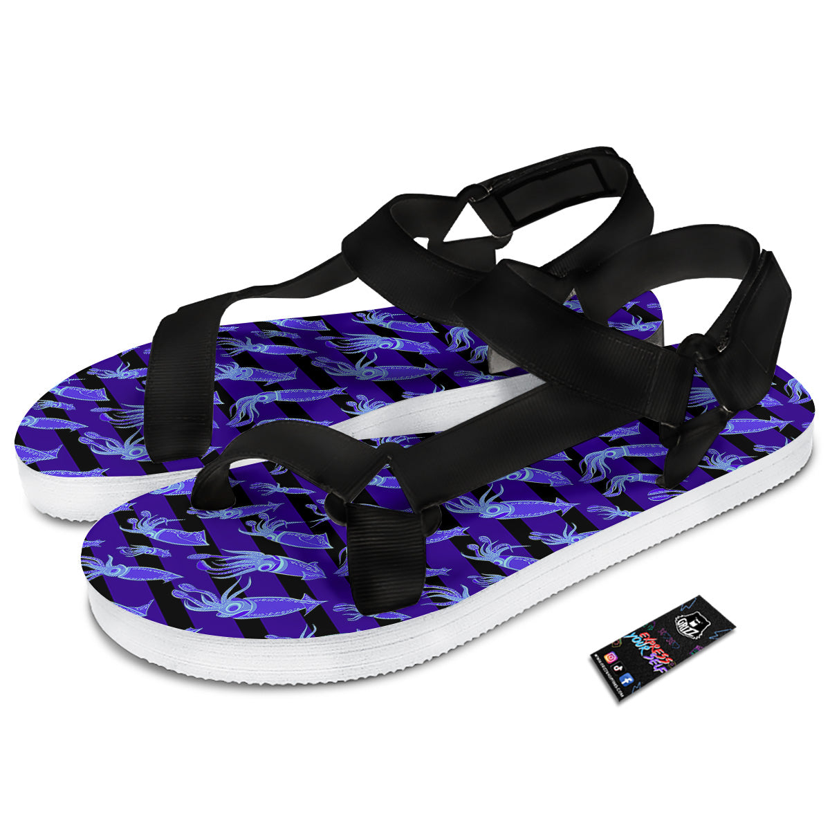 Striped Squid Print Pattern Black Open Toe Sandals-grizzshop