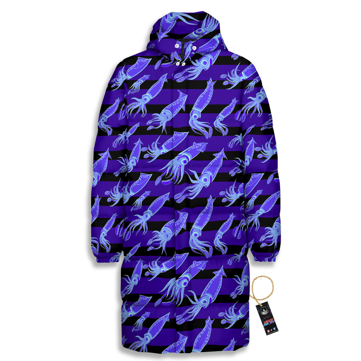 Striped Squid Print Pattern Long Down Jacket-grizzshop