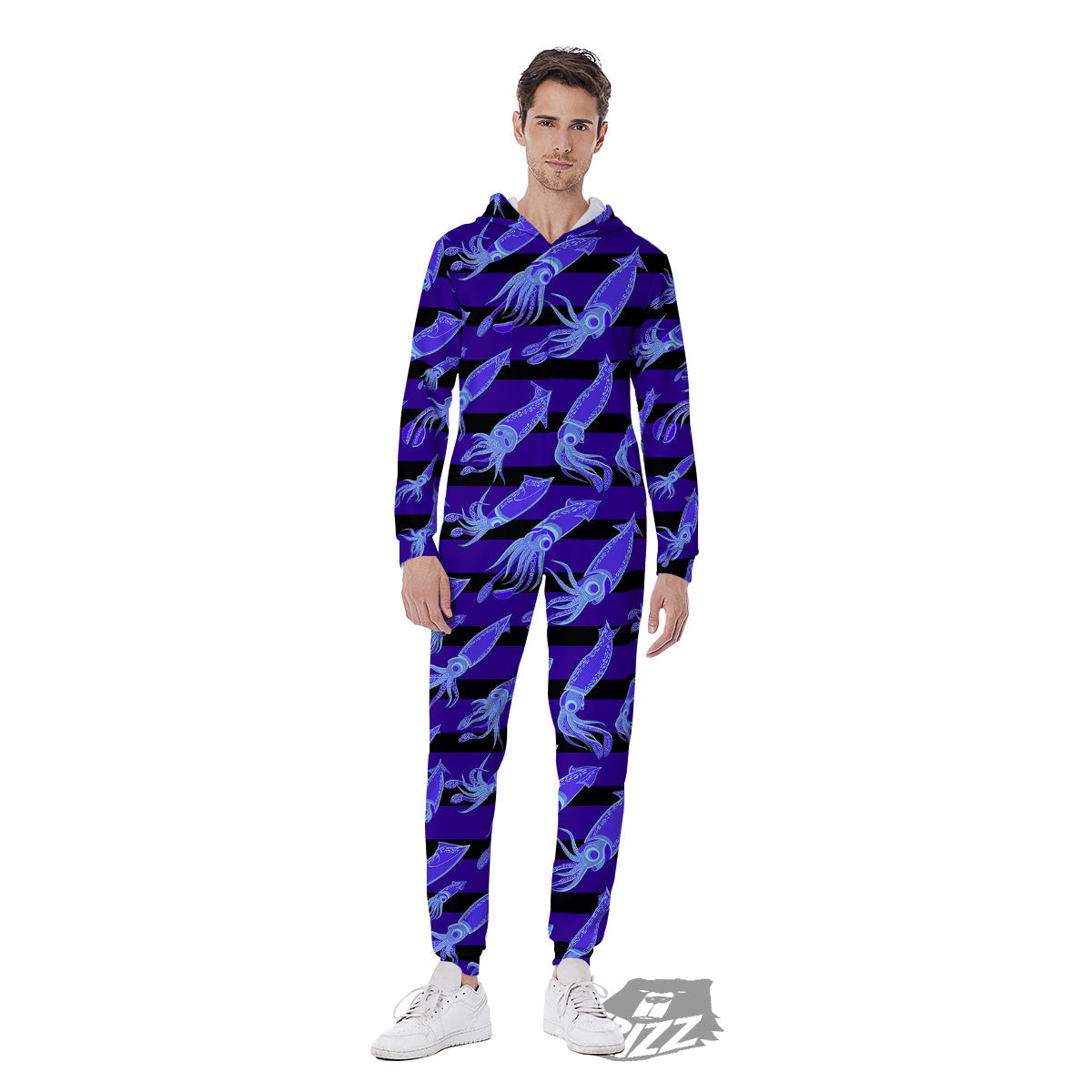 Striped Squid Print Pattern Men's Jumpsuit-grizzshop