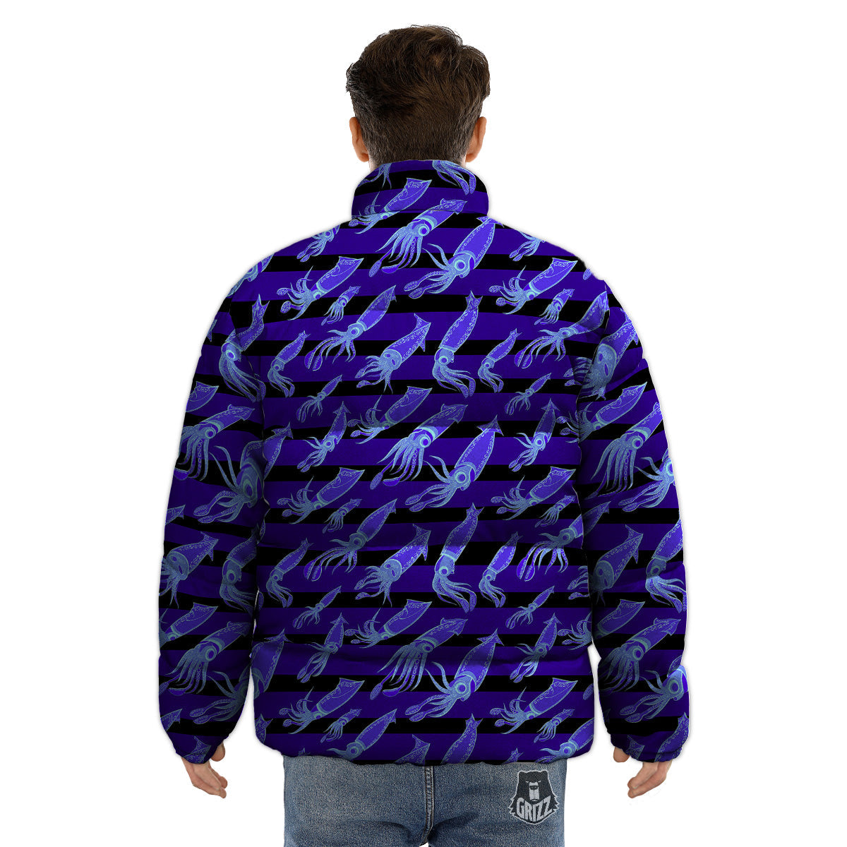 Striped Squid Print Pattern Puffer Jacket-grizzshop