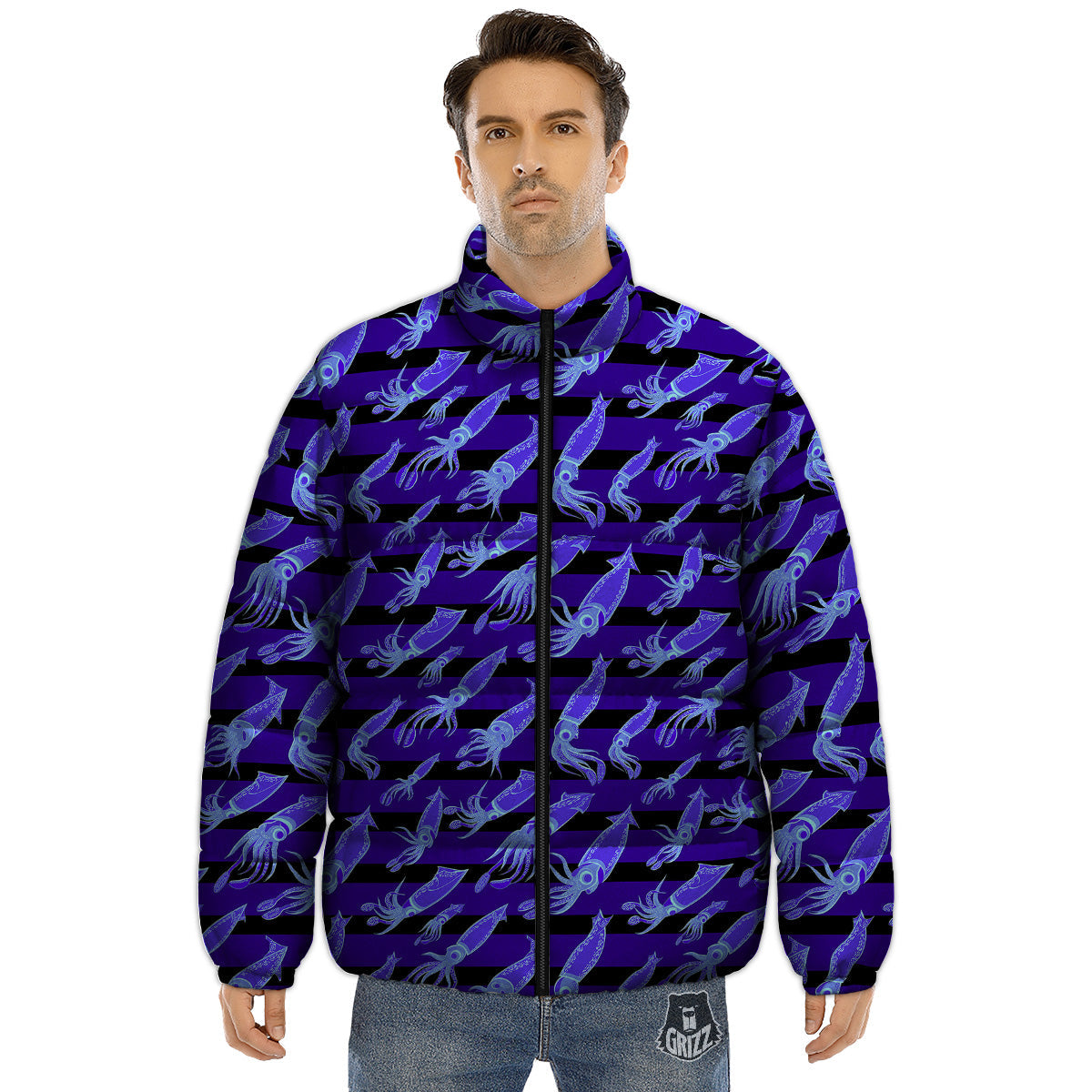Striped Squid Print Pattern Puffer Jacket-grizzshop