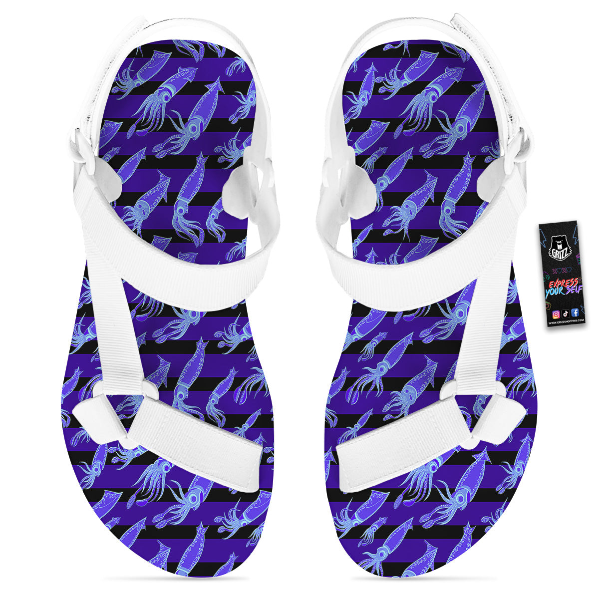 Striped Squid Print Pattern White Open Toe Sandals-grizzshop