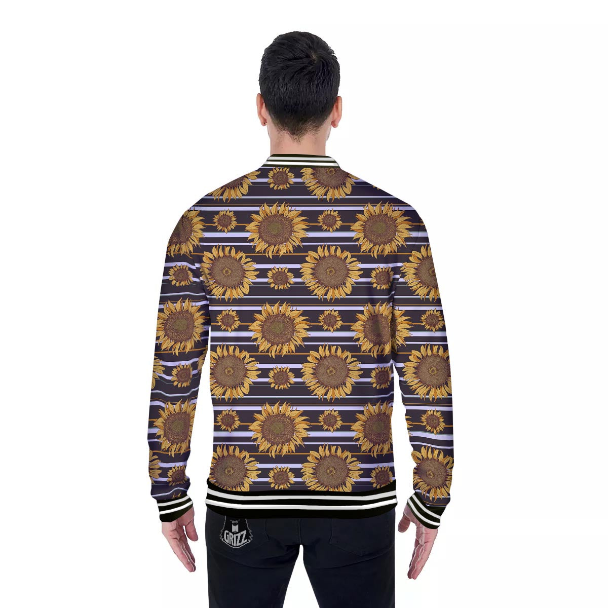 Striped Sunflower Print Pattern Baseball Jacket-grizzshop