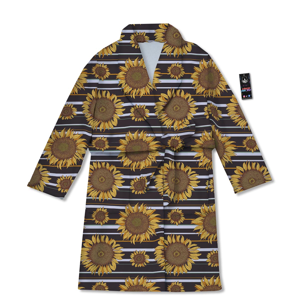 Striped Sunflower Print Pattern Bathrobe-grizzshop