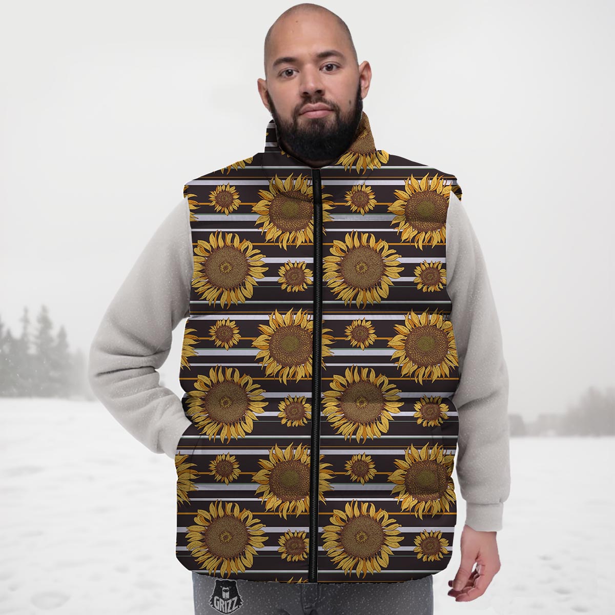 Striped Sunflower Print Pattern Down Vest