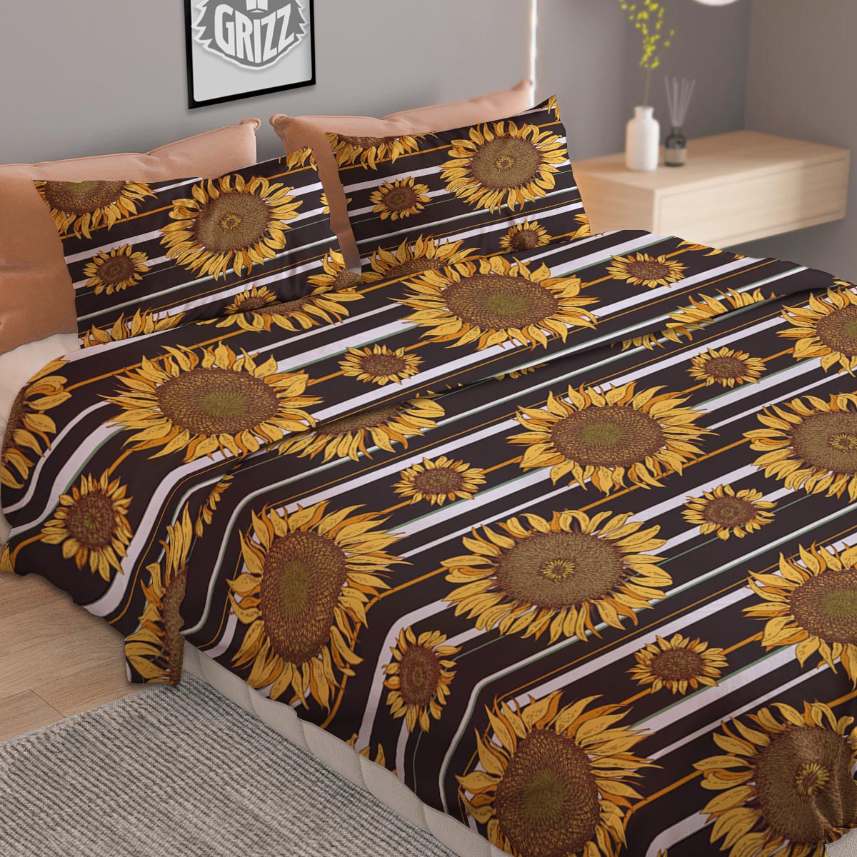 Striped Sunflower Print Pattern Duvet Cover Bedding Set