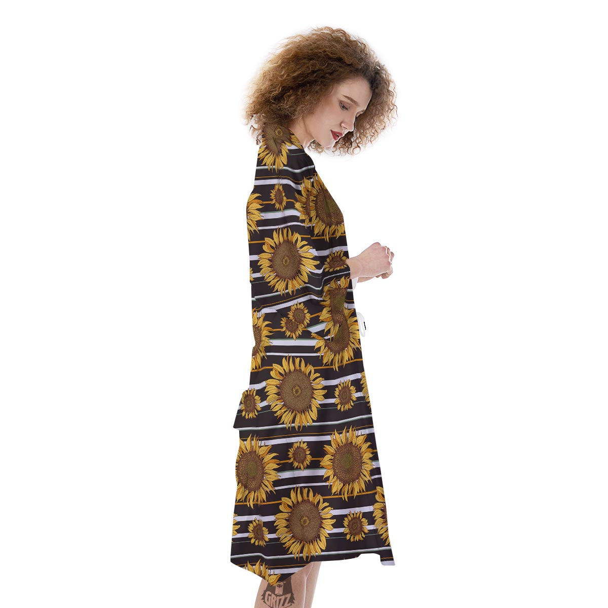 Striped Sunflower Print Pattern Kimono-grizzshop