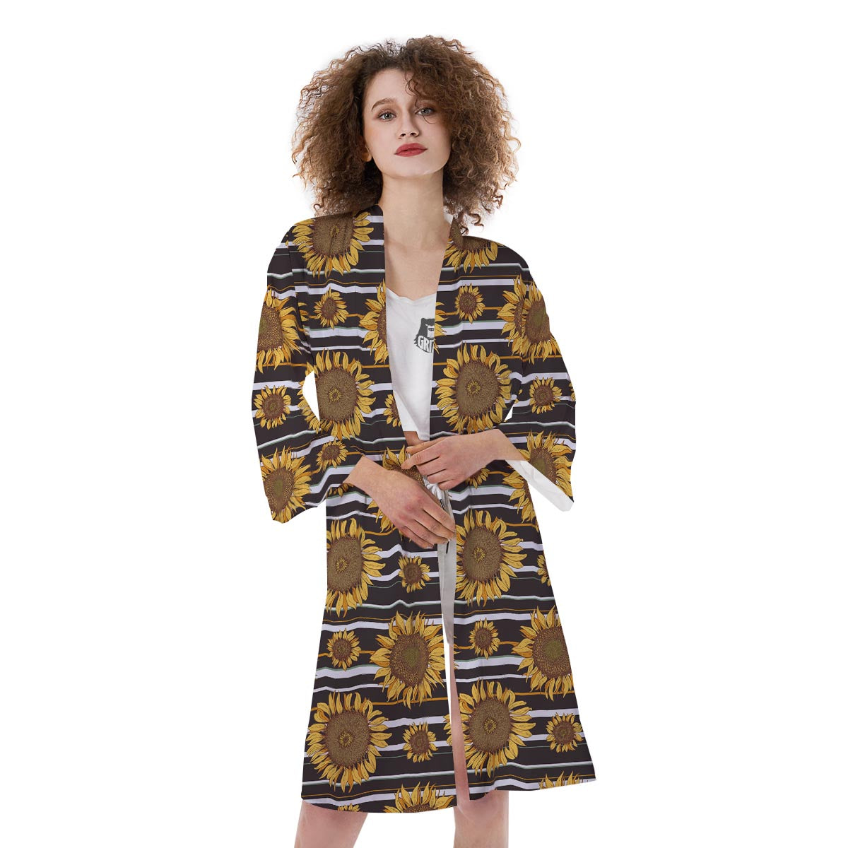 Striped Sunflower Print Pattern Kimono-grizzshop