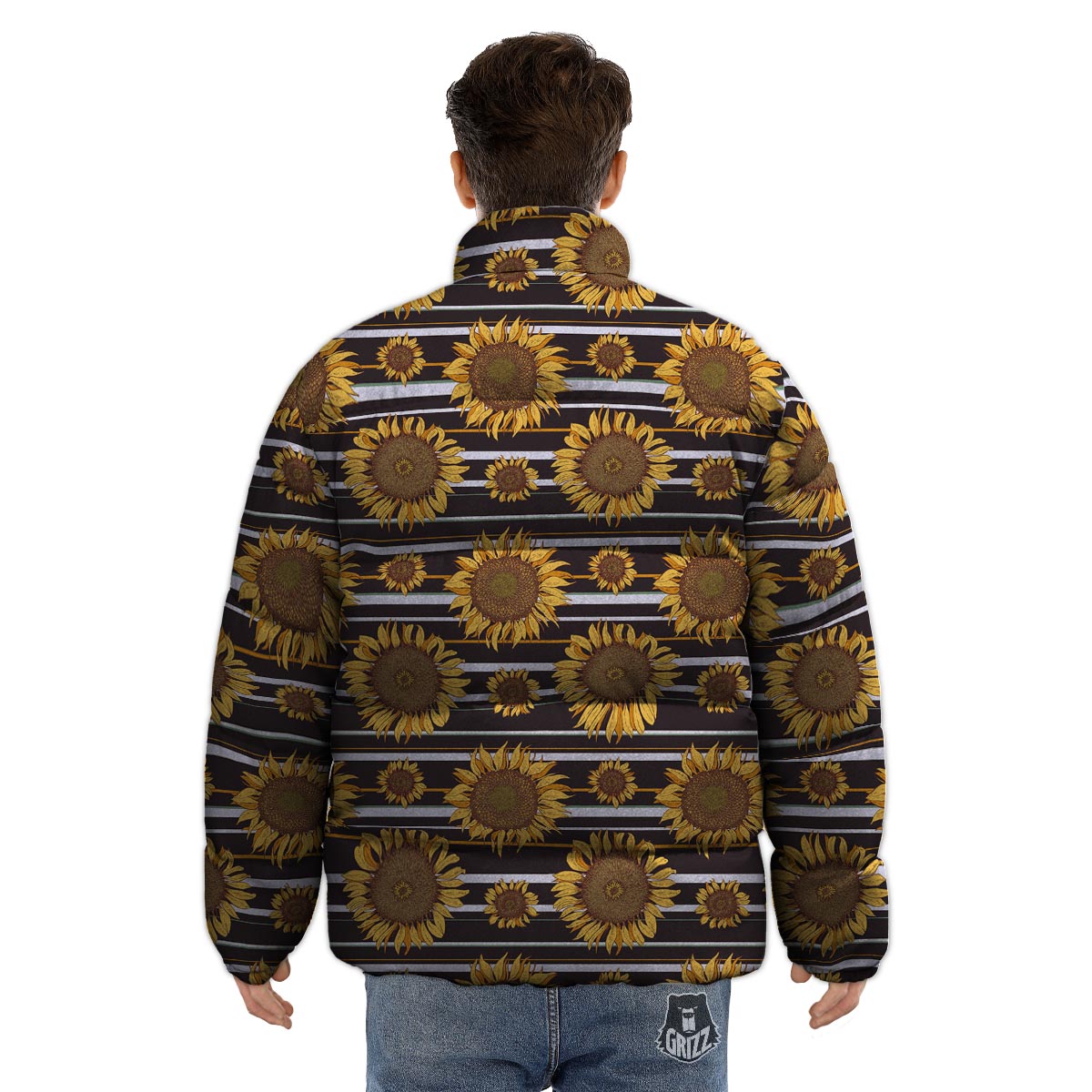 Striped Sunflower Print Pattern Puffer Jacket-grizzshop