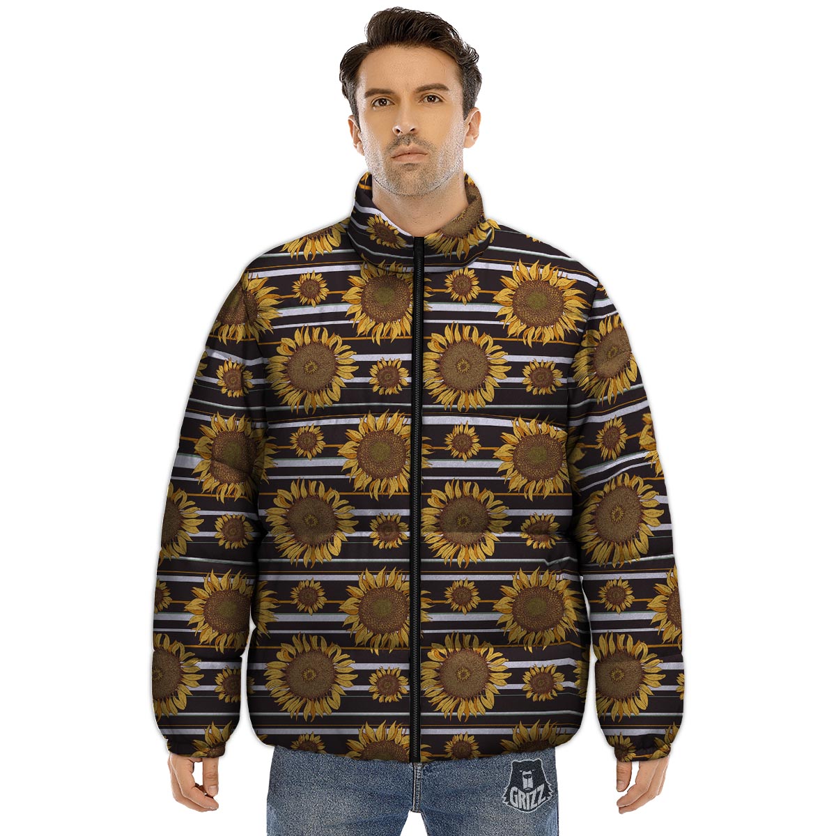 Striped Sunflower Print Pattern Puffer Jacket-grizzshop
