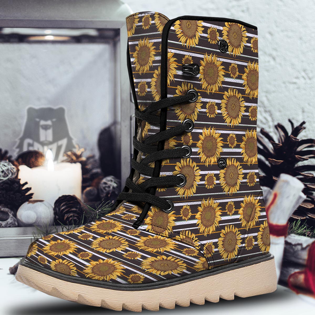 Striped Sunflower Print Pattern Snow Boots-grizzshop