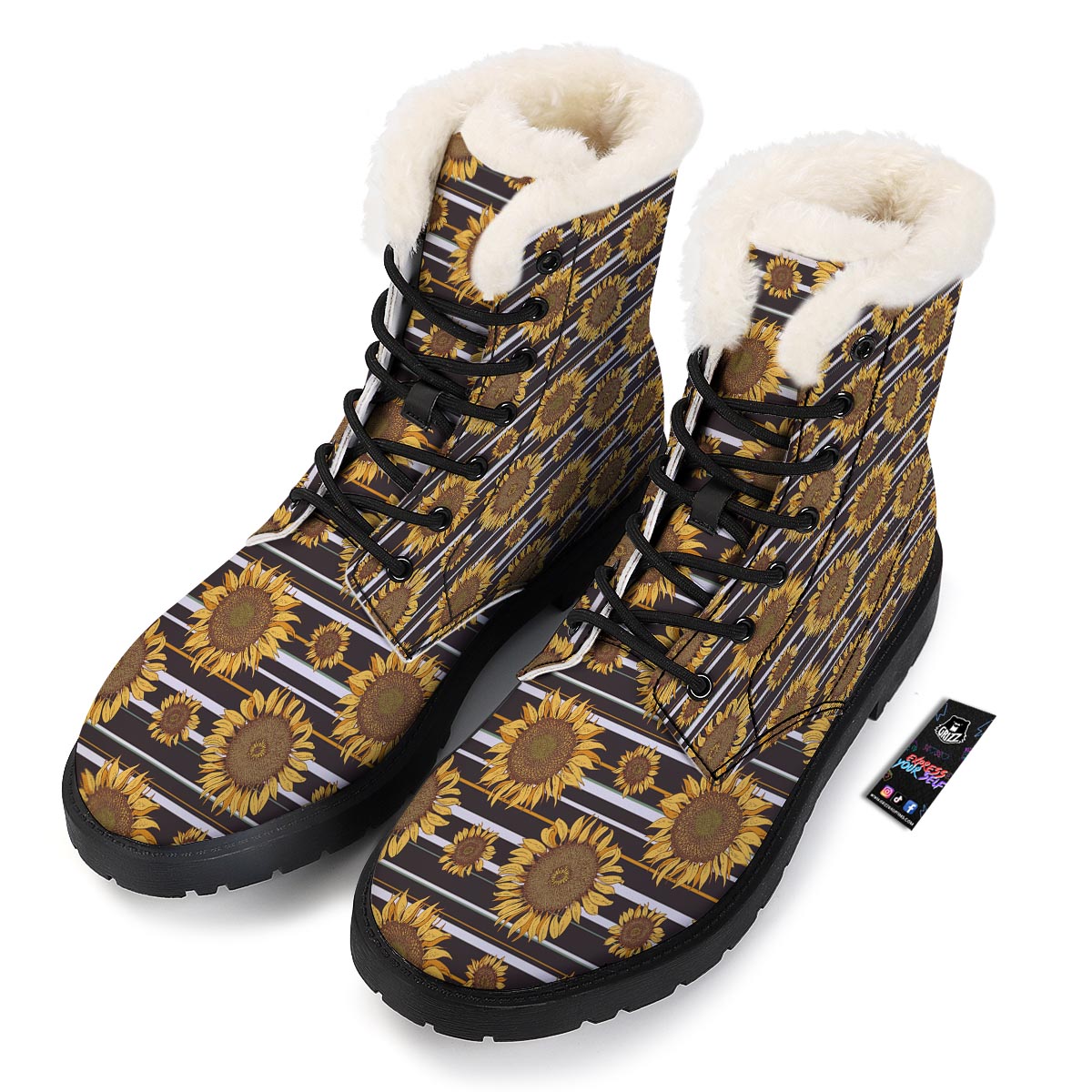 Striped Sunflower Print Pattern Winter Boots-grizzshop