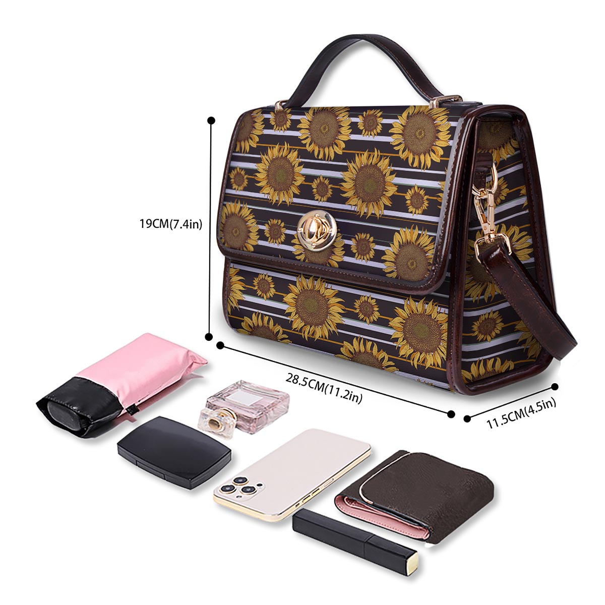 Striped Sunflower Print Pattern Women's Satchel Bag-grizzshop