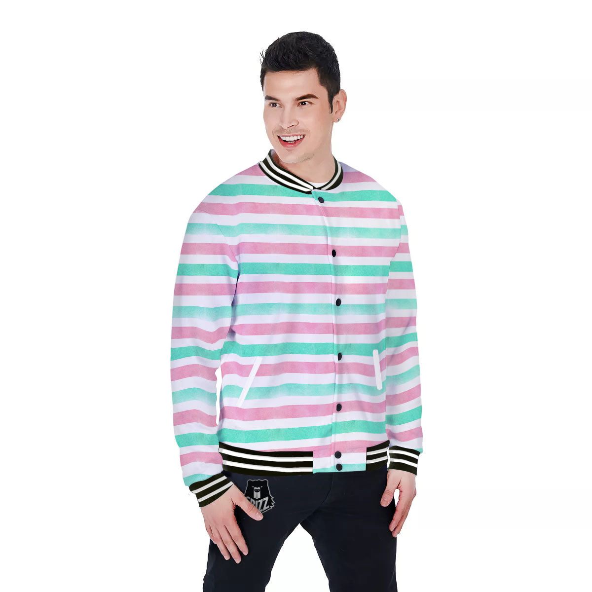 Striped Teal And Pink Print Pattern Baseball Jacket-grizzshop