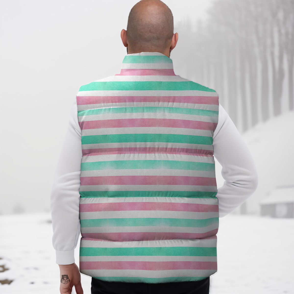 Striped Teal And Pink Print Pattern Down Vest