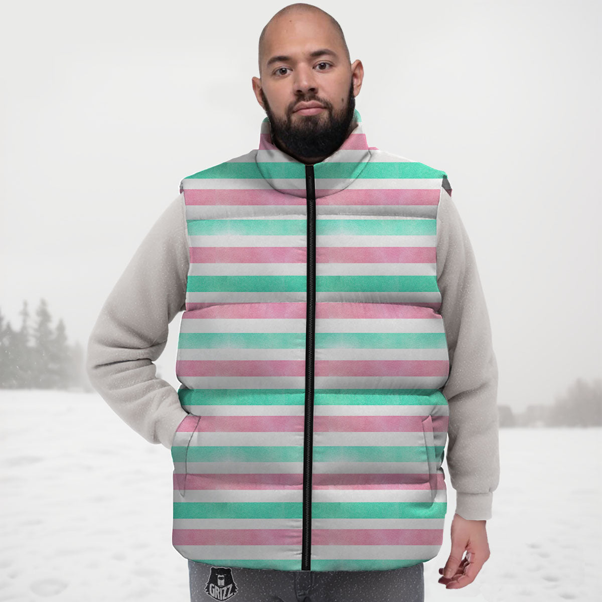Striped Teal And Pink Print Pattern Down Vest