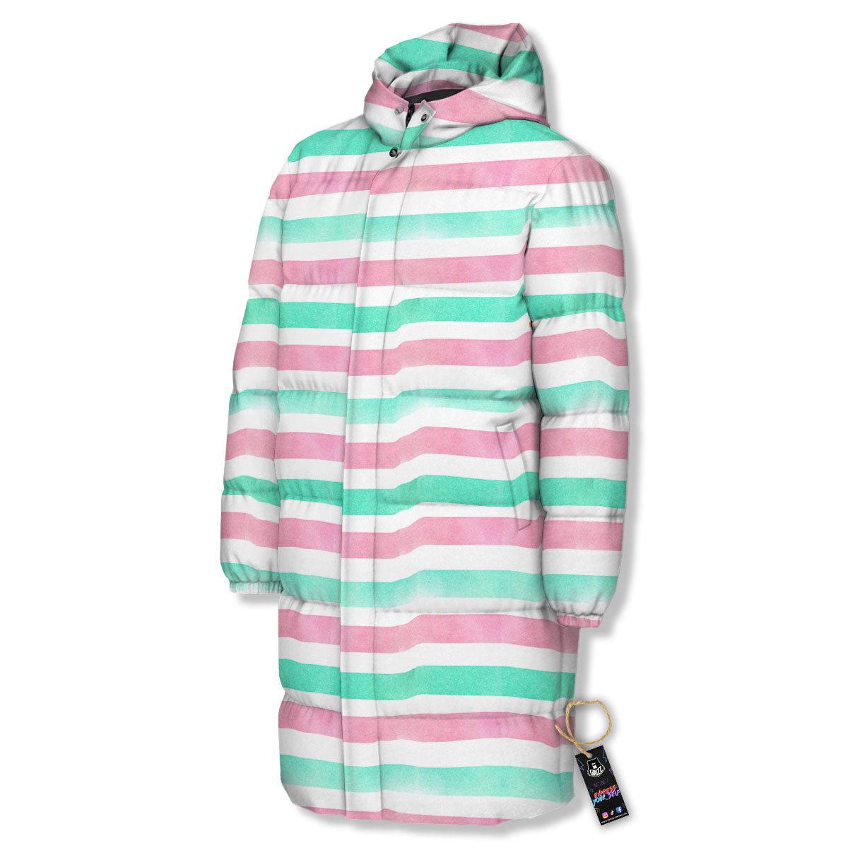 Striped Teal And Pink Print Pattern Long Down Jacket-grizzshop