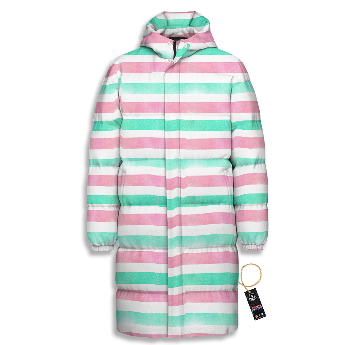 Striped Teal And Pink Print Pattern Long Down Jacket-grizzshop