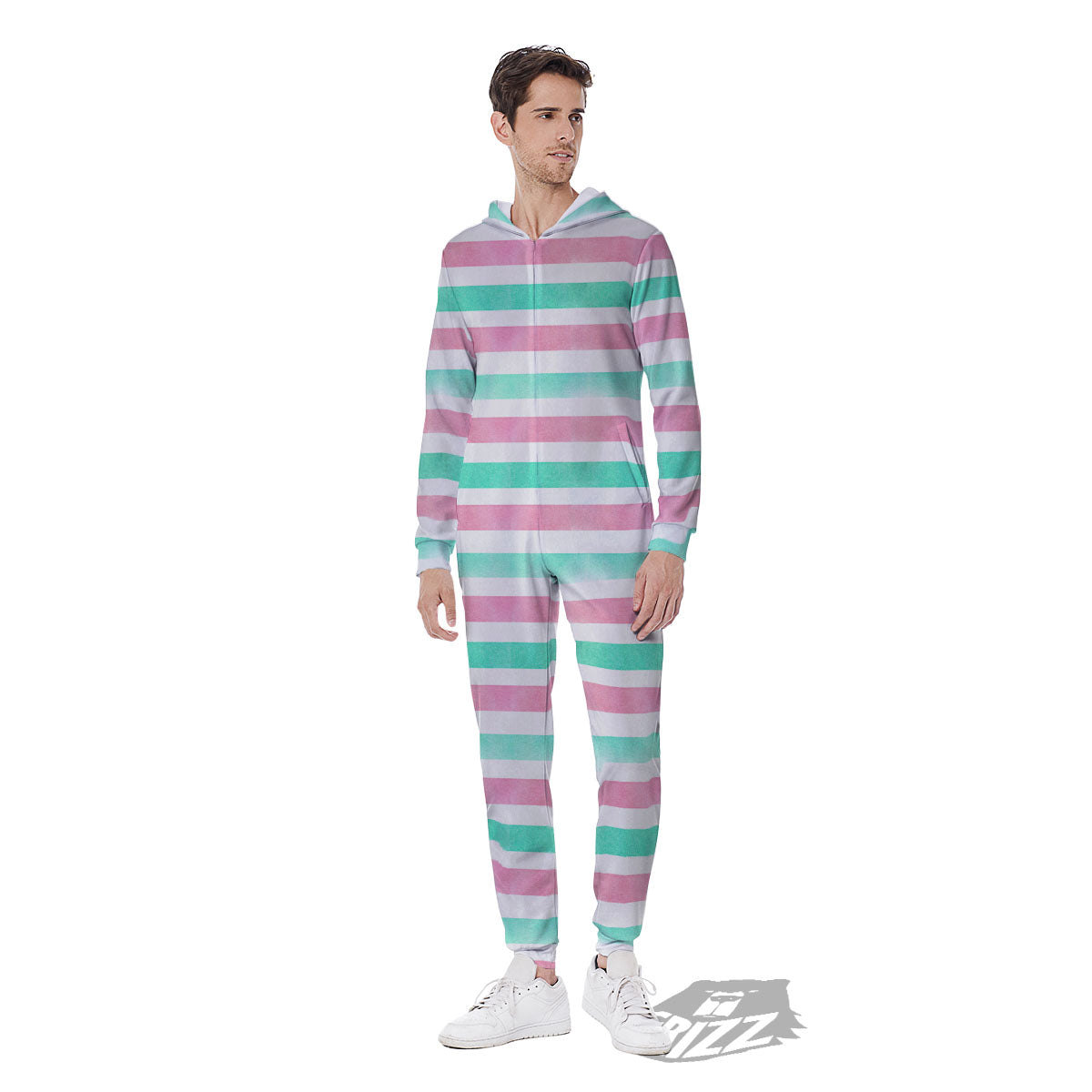 Striped Teal And Pink Print Pattern Men's Jumpsuit-grizzshop