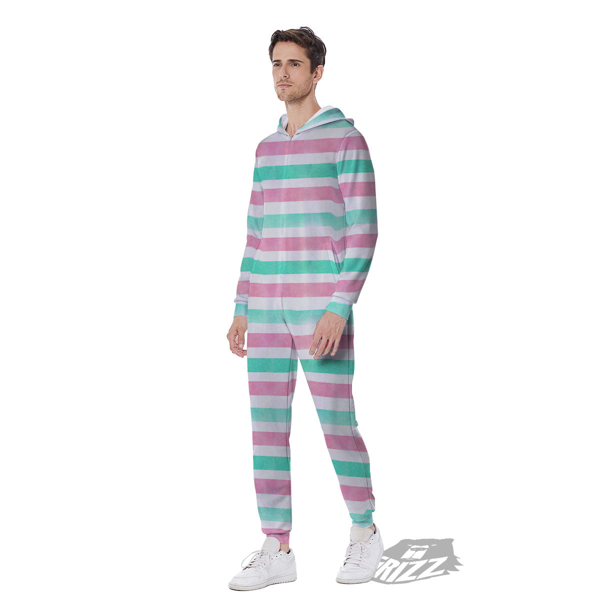 Striped Teal And Pink Print Pattern Men's Jumpsuit-grizzshop
