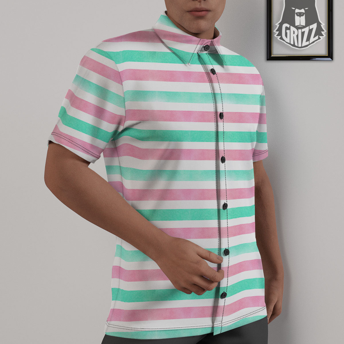 Striped Teal And Pink Print Pattern Untucked Shirts-grizzshop